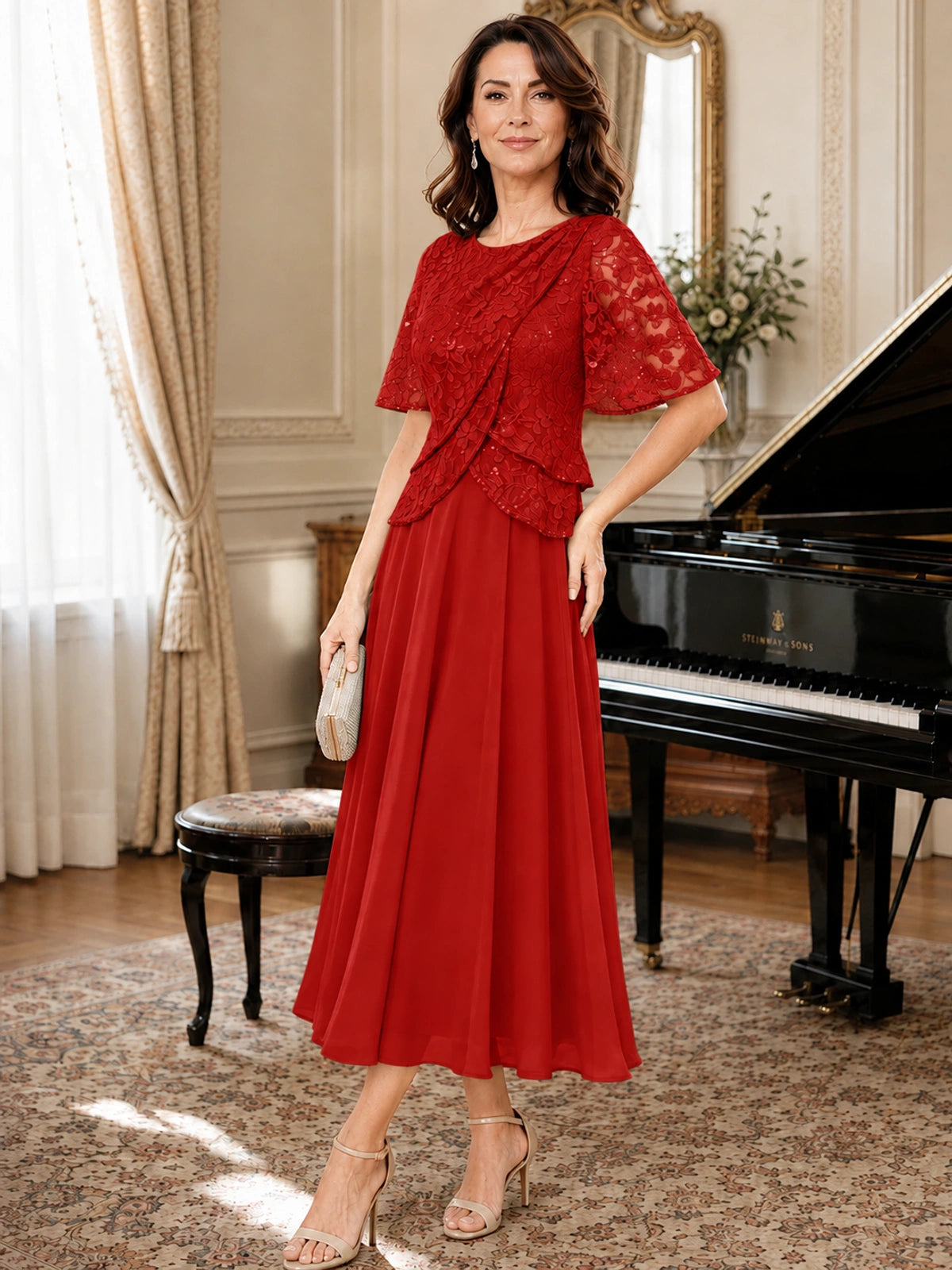 Tea-Length Chiffon Mother of the Bride Dress with Sequin Lace Sleeves