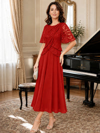 Tea-Length Chiffon Mother of the Bride Dress with Sequin Lace Sleeves