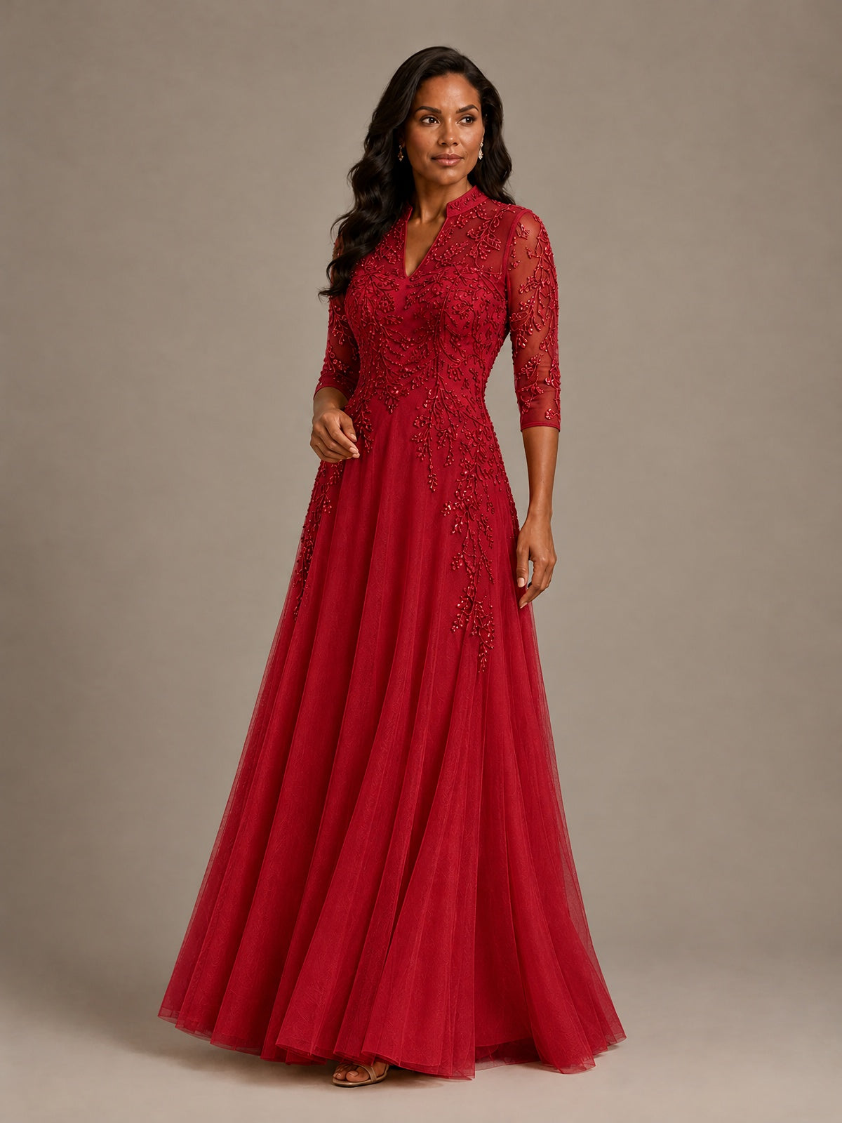 Embellished Appliques Mother of the Bride Dress with 3/4 Sleeves