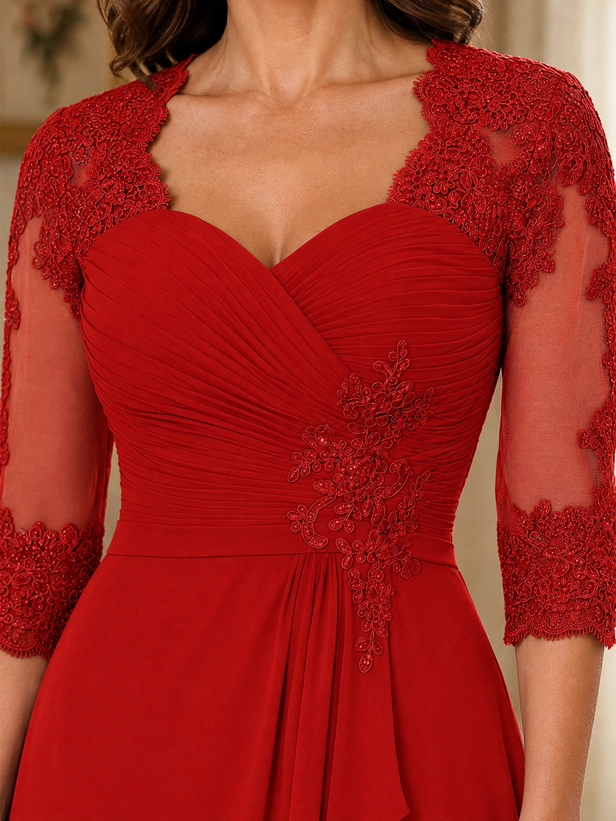 Chiffon Lace Applique Mother of the Bride Dress with 3/4 Sleeves