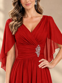 Ruched V Neck Mother of The Bride Dresses with Shawls Appliques and Cap Sleeves