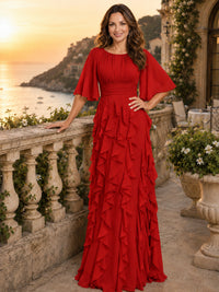 Elegant Chiffon Mother of the Bride Dress with Flutter Sleeves and Ruffle Skirt