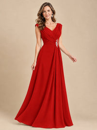 V Neck Pleated Mother of The Bride Dresses with Beading Cap Sleeves