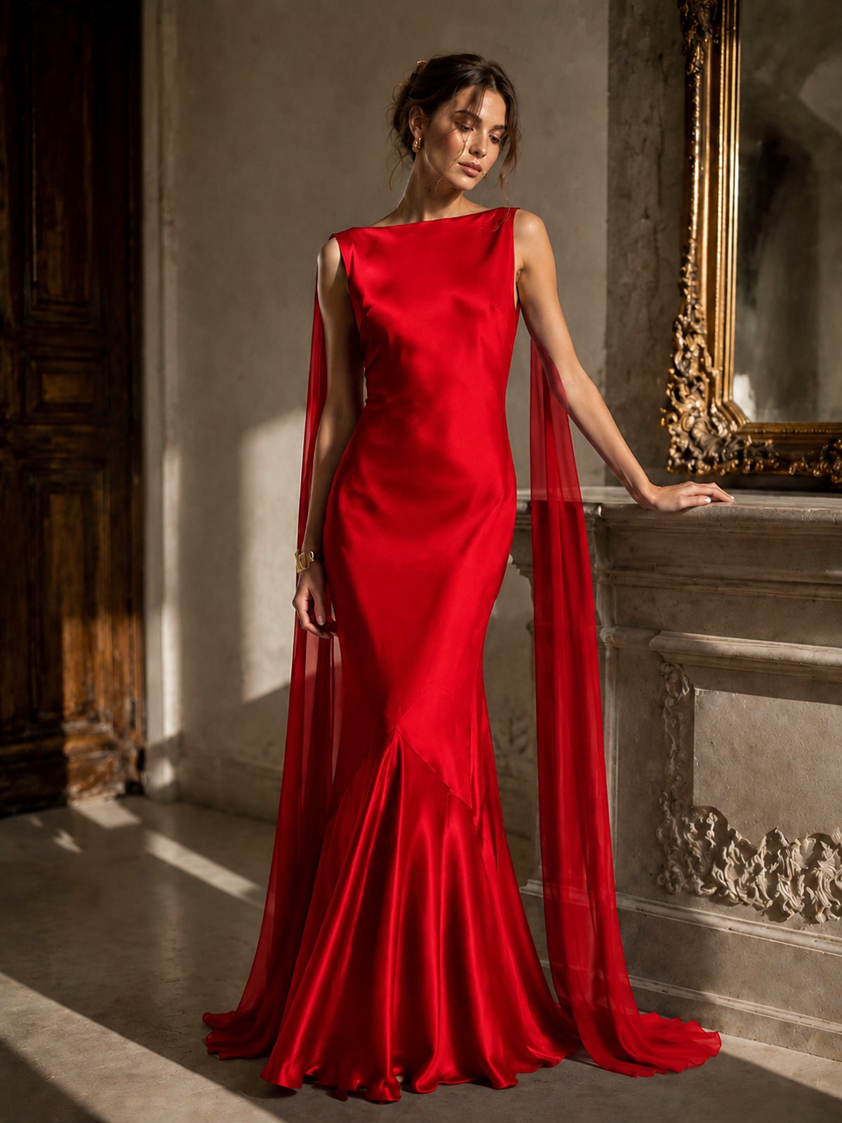 Burgundy Satin Mermaid Cape Maxi Dress