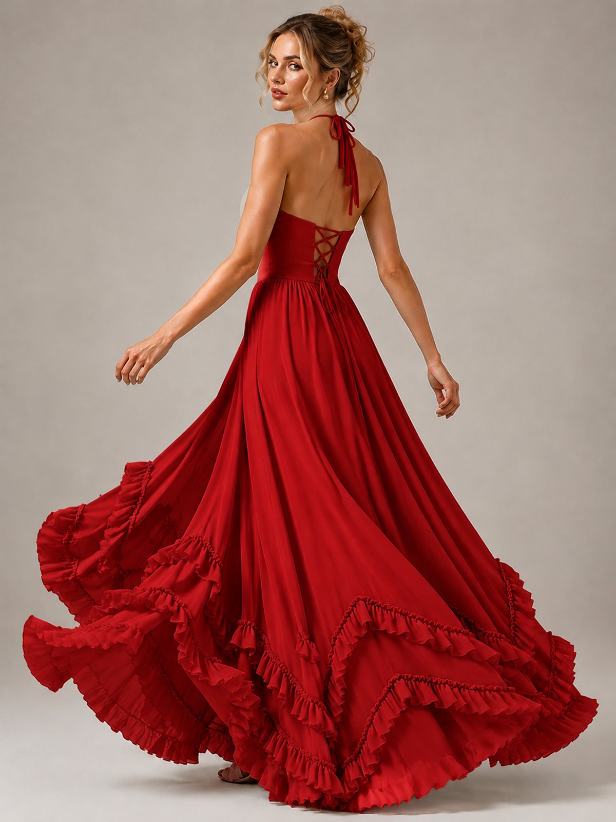 Halter V Neck Chiffon Formal Dress with Lace-Up Back and Ruffle Hem