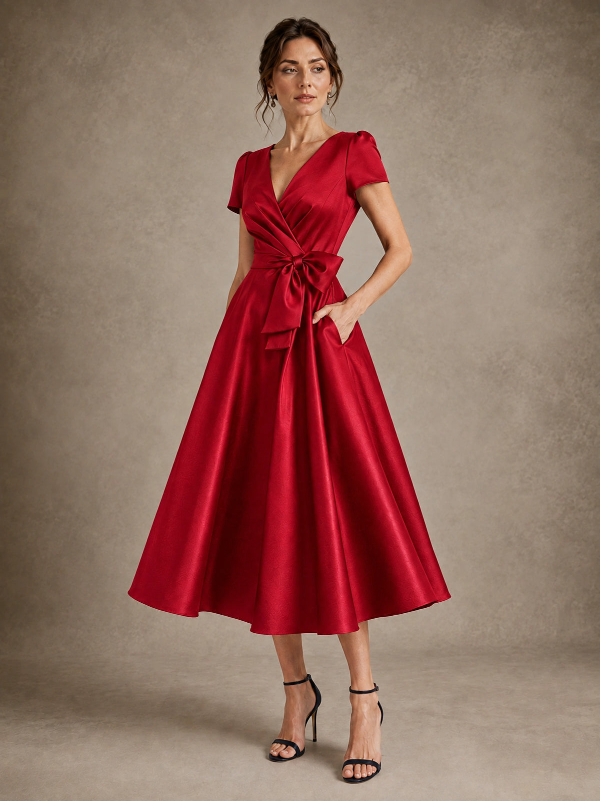 V-Neck Tea-Length Satin Mother of the Bride Dress with Bow