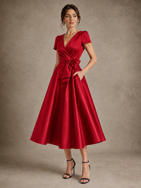 V-Neck Tea-Length Satin Mother of the Bride Dress with Bow