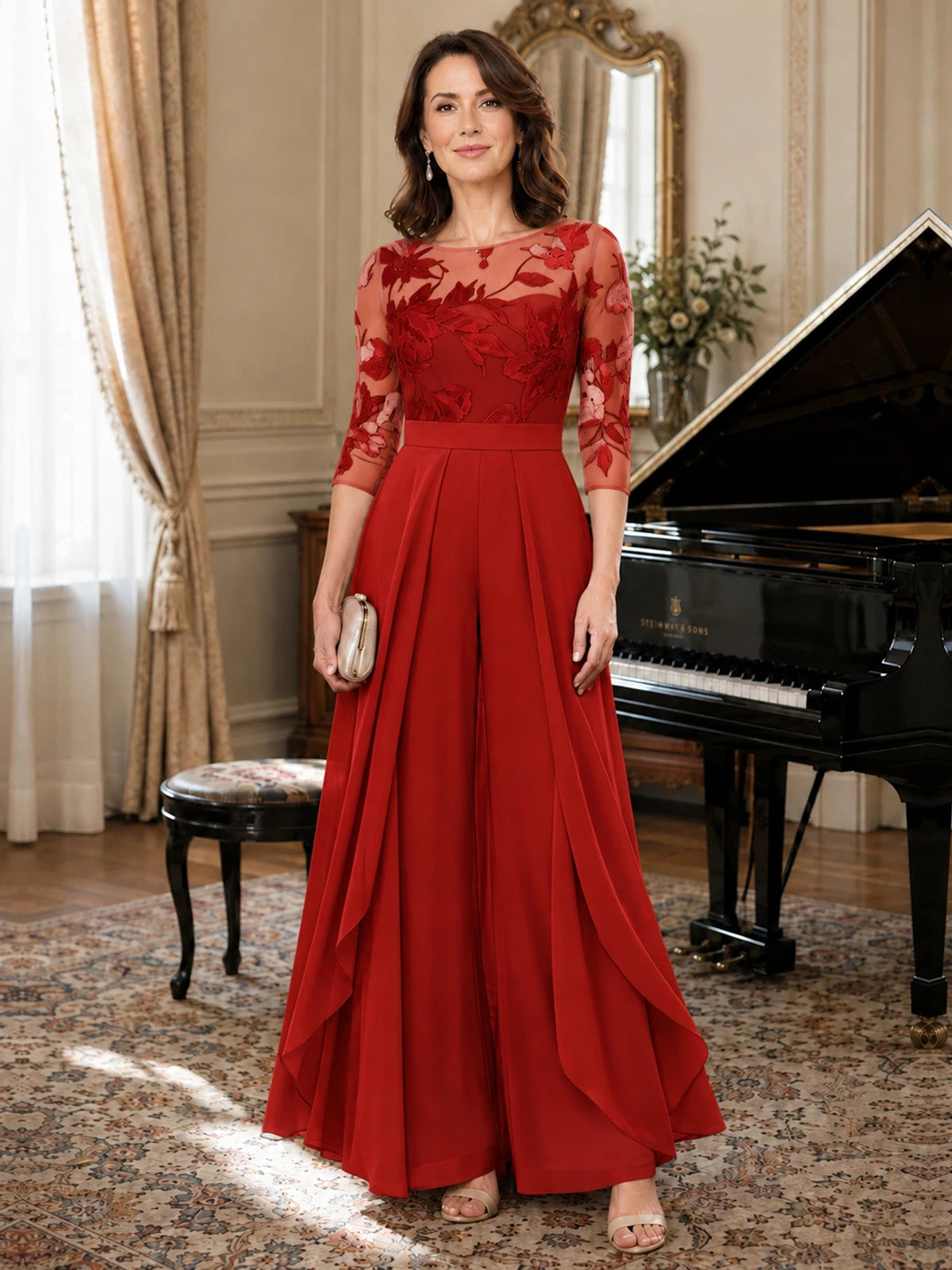 Lace Applique Wide-Leg Chiffon Mother of the Bride Jumpsuit