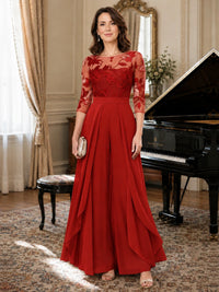 Lace Applique Wide-Leg Chiffon Mother of the Bride Jumpsuit