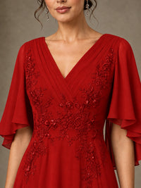 V-Neck Chiffon Lace Mother of the Bride Dress with Flutter Sleeves