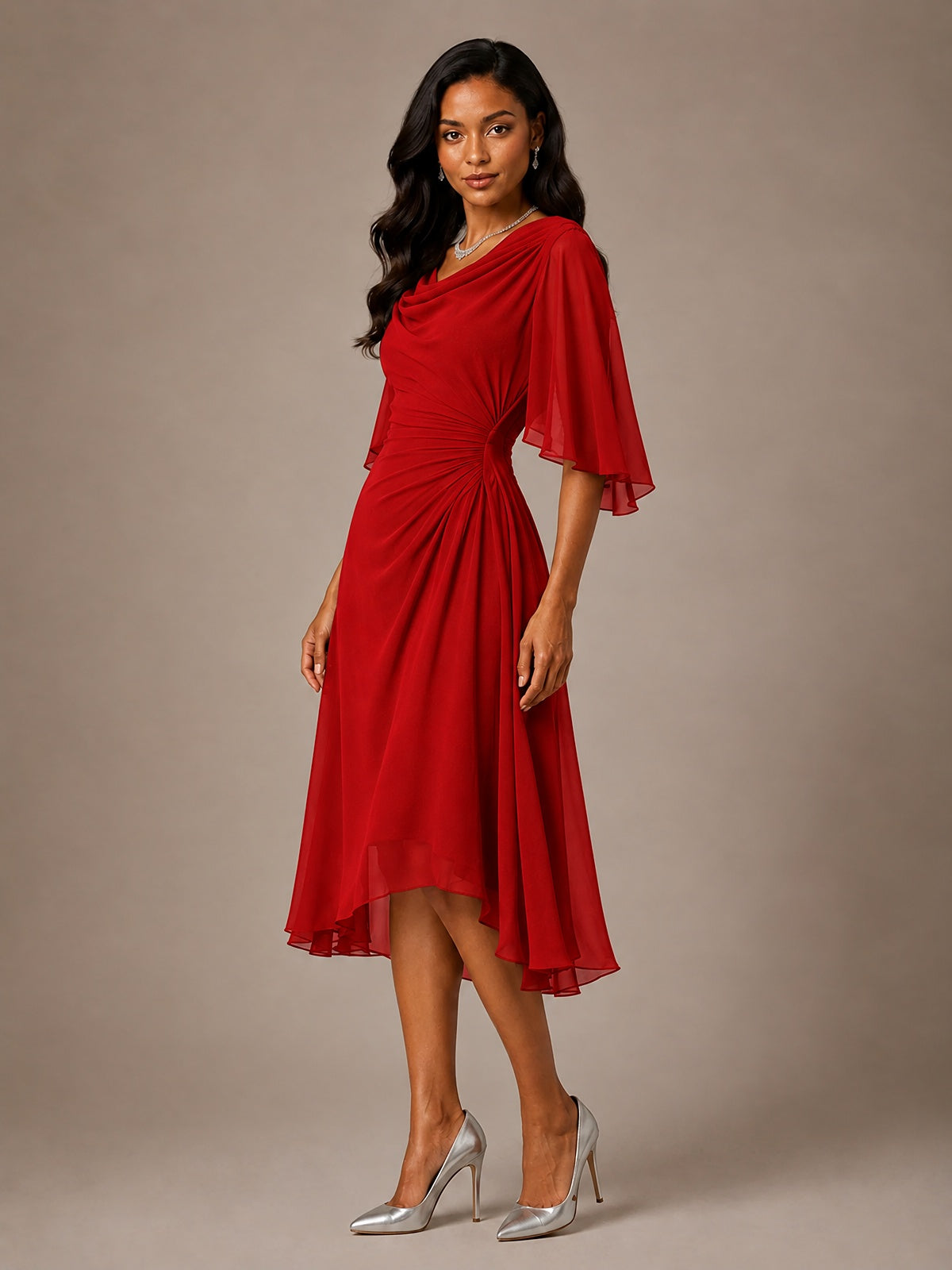 Cowl Neck Ruched Chiffon Mother of the Bride Dresses with Flutter Sleeves