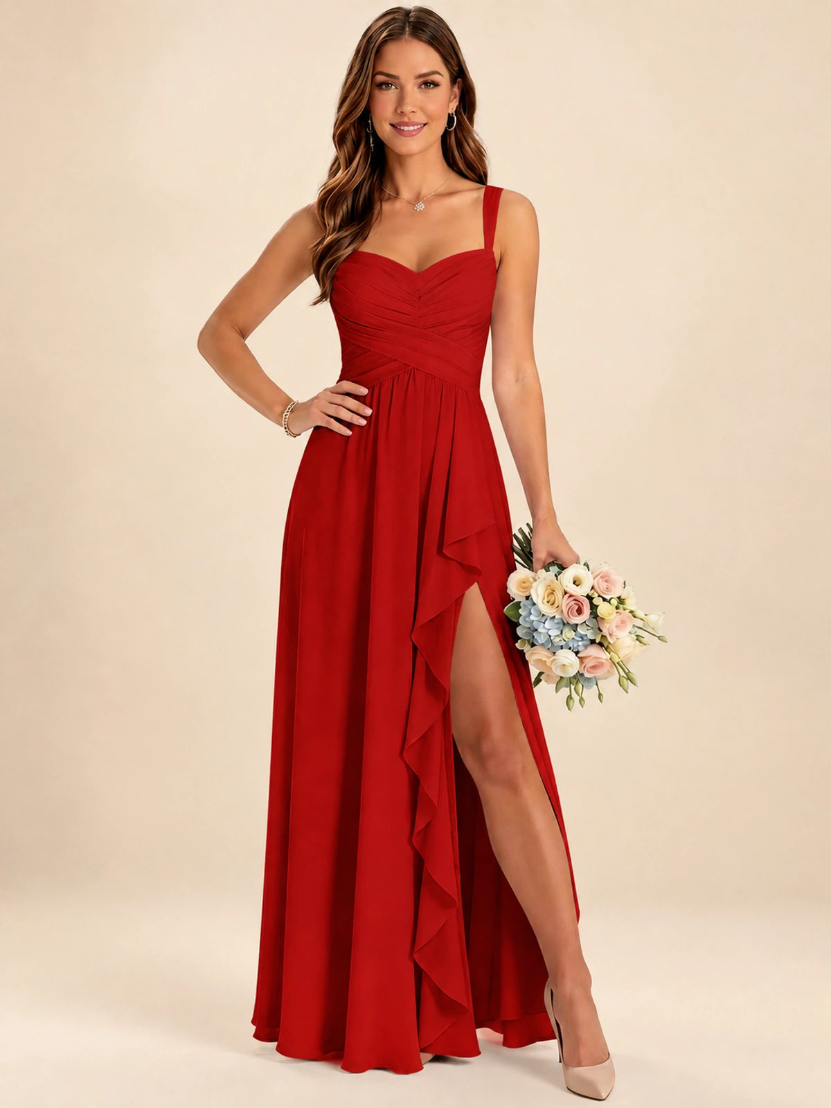 Spaghetti Straps Pleated Chiffon Bridesmaid Dress with Ruffle Slit