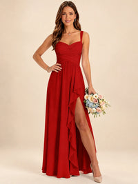 Spaghetti Straps Pleated Chiffon Bridesmaid Dress with Ruffle Slit