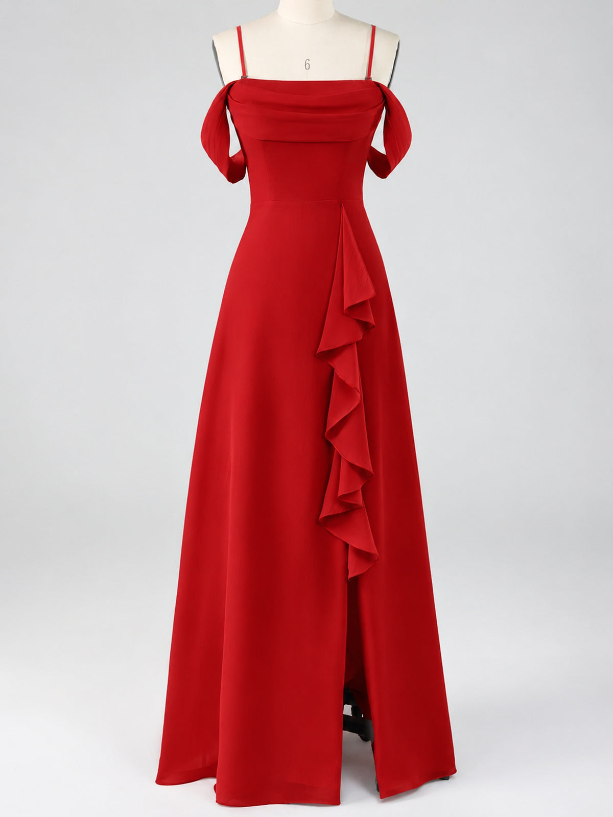 Spaghetti Strap Chiffon Bridesmaid Dress with Ruffles Slit