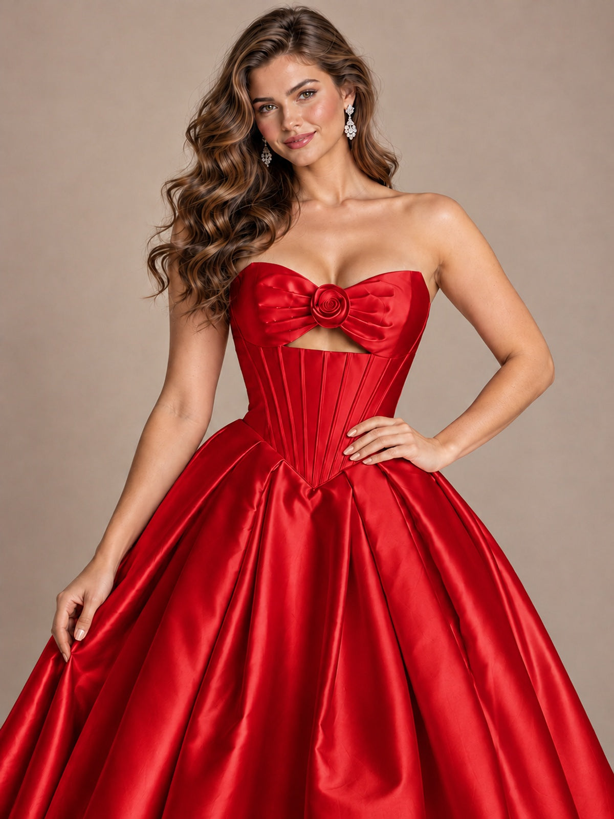 Pink Strapless Corset Satin Prom Derss & Ball Gown with 3D Floral