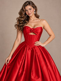 Pink Strapless Corset Satin Prom Derss & Ball Gown with 3D Floral