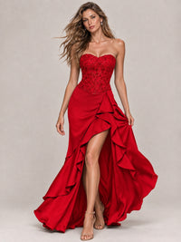 Strapless Lace Appliques Corset Satin Prom Dress Ruffle Slit Evening Gown