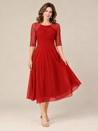 Tea-Length Mother of the Bride Dress with Lace 3/4 Sleeves