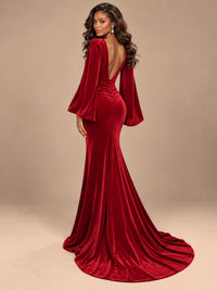 Burgundy Velvet Deep V-Neck Ruched Long Sleeve Maxi Dress