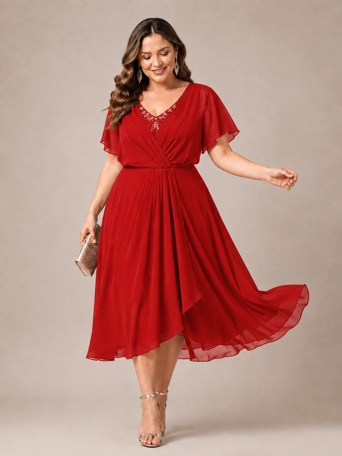 Navy Blue A-Line V-Neck Tea-Length Mother of the Bride Dress