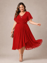 Navy Blue A-Line V-Neck Tea-Length Mother of the Bride Dress