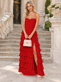 Ruffled Tiered Chiffon Prom Dress Spaghetti Straps Formal Maxi Dress with Slit