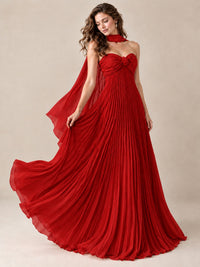 Sweetheart Neckline Pleated Prom Dress Strapless A-line Formal Dress with Flowy Scarf