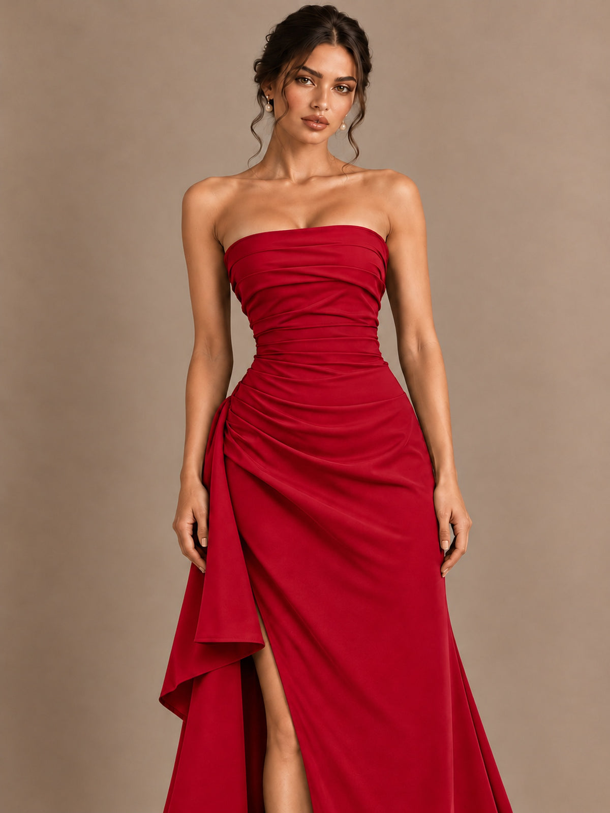 Black and White Strapless Ruched Prom Dress with High Slit & Side Drape