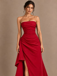 Black and White Strapless Ruched Prom Dress with High Slit & Side Drape
