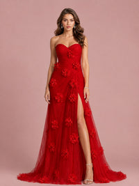3D Floral Applique Strapless Tulle Prom Dress with High Slit