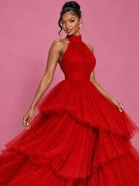 Hot Pink Tulle Halter Neck Tiered Ruffle Maxi Dress