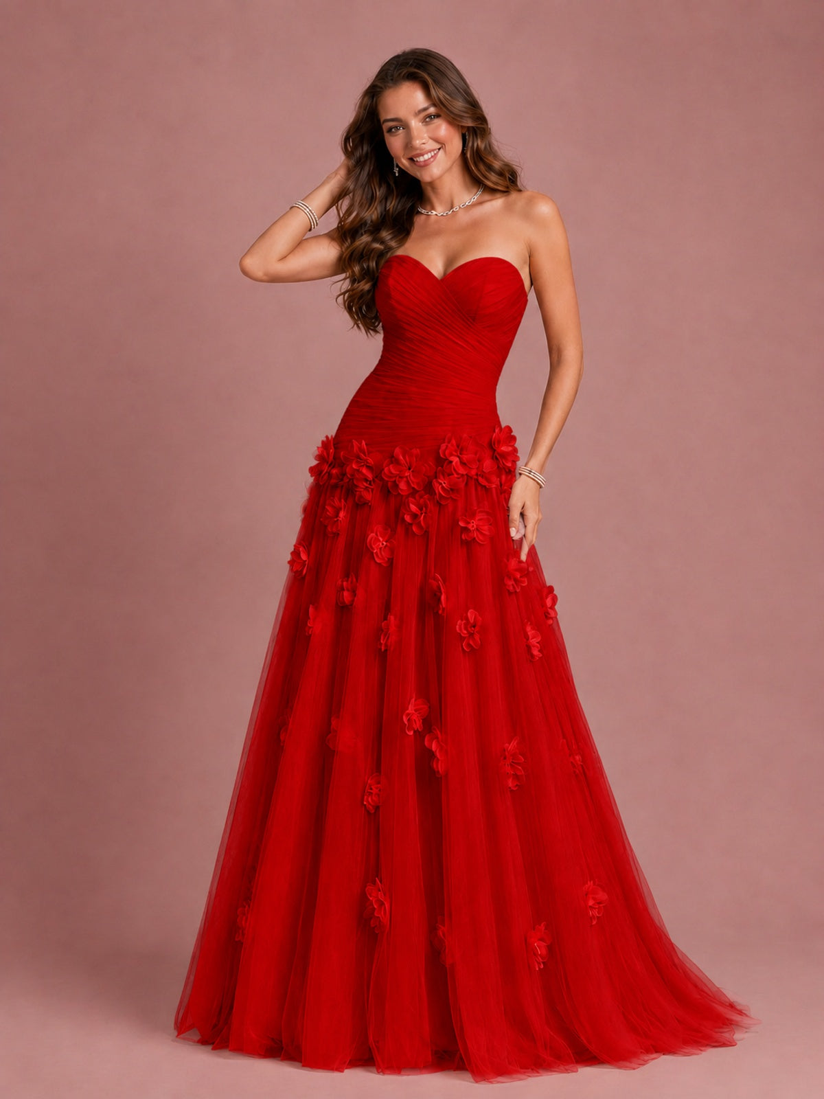 Blush Pink Strapless Sweetheart 3D Floral Tulle Ball Gown Prom Dres