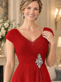 Pleated Chiffon Lace Mother of The Bride Dresses with Beading Cap Sleeves