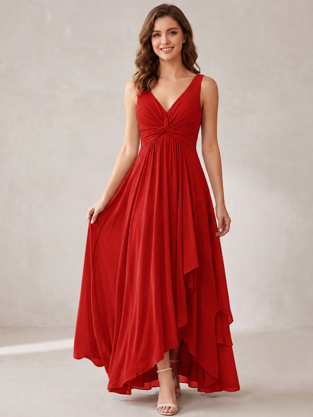 V-Neck High-Low Chiffon Bridesmaid Dress with Ruffles