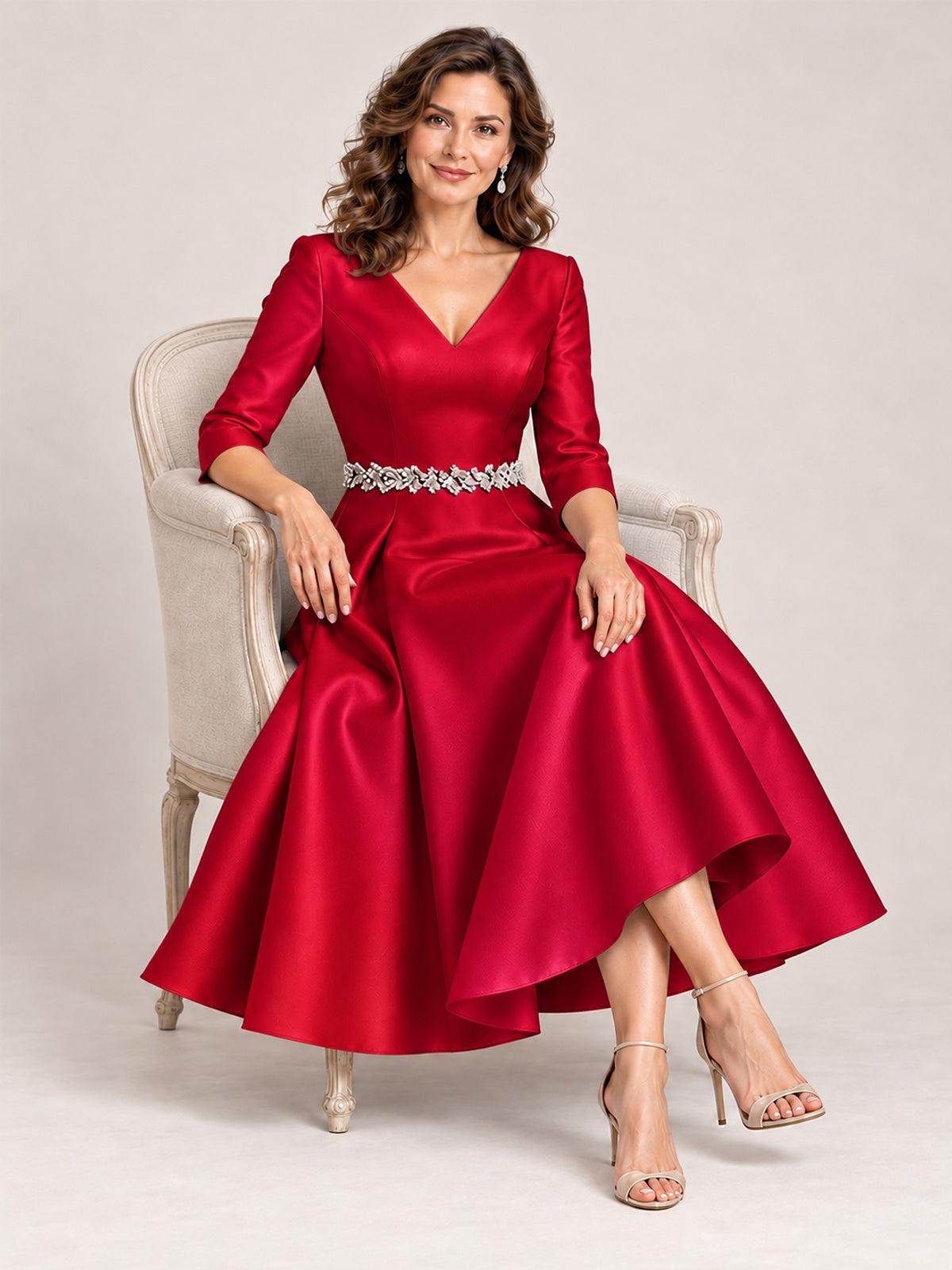 V-Neck Tea-Length Mother of the Bride Dress with Embellished Waist