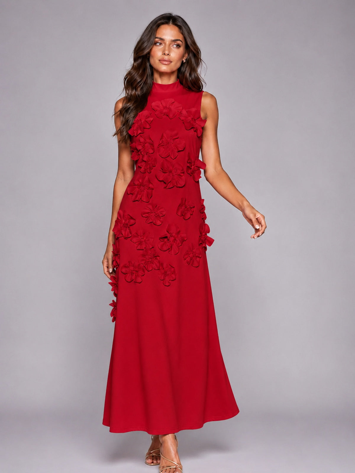 3D Floral Applique High Neck Prom Maxi Dress