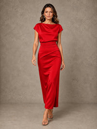 Cowl Neck Satin Mother of the Bride Dress with Ruched Waist