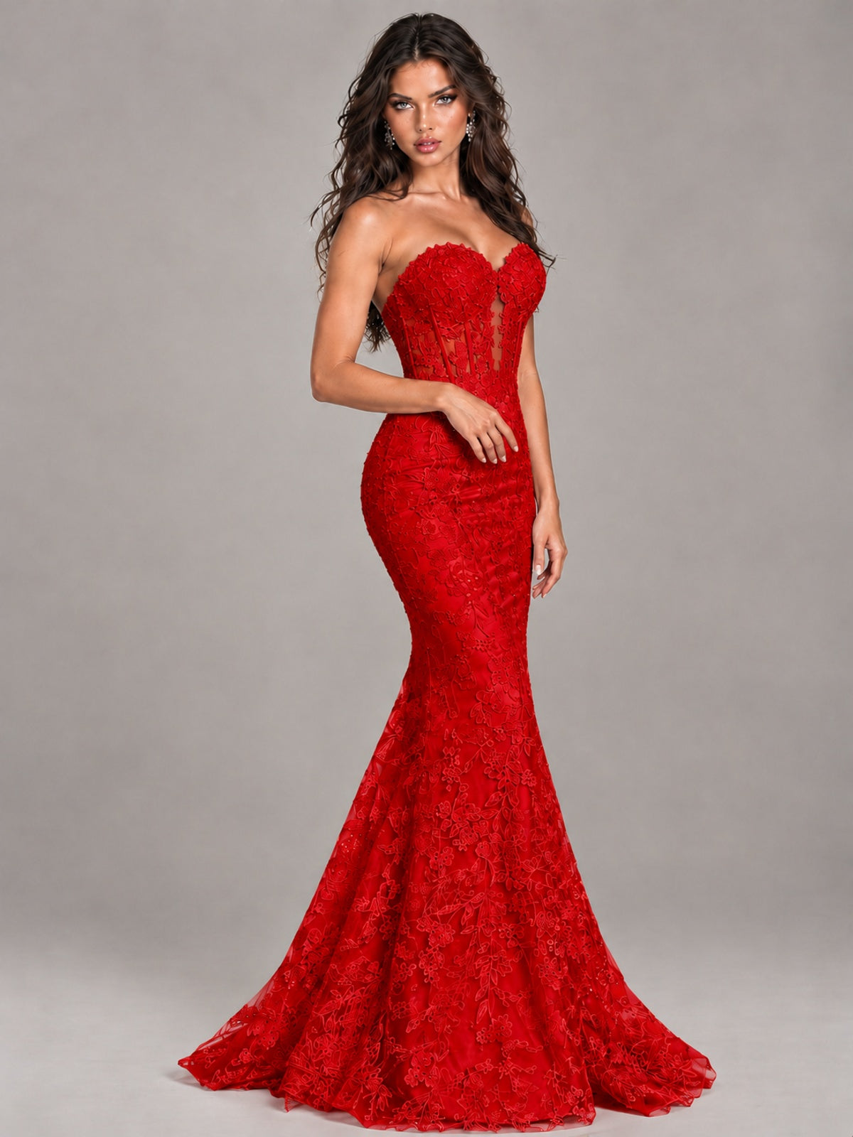 Strapless Corset Mermaid Prom Dress Lace Appliqué Formal Gown