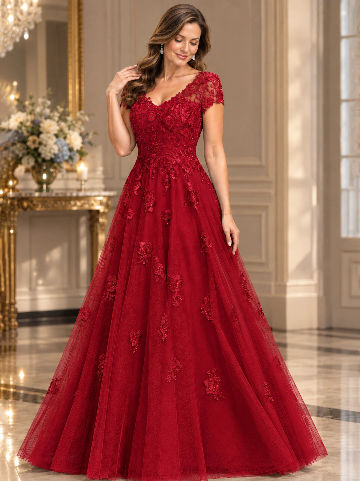 Lace Appliques A-line Mother of The Bride Dresses with Short Sleeves