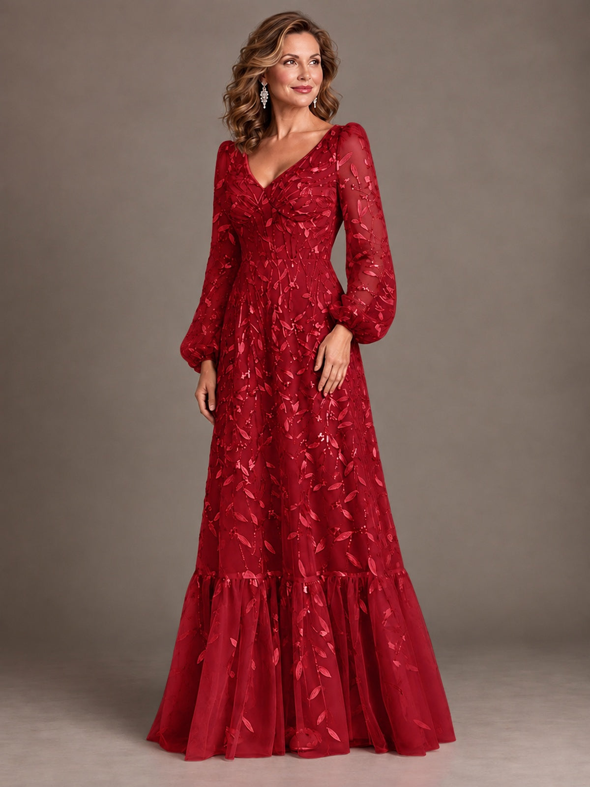 Floral Sequin Embroidered A-Line Mother of the Bride Dress with Long Sleeves