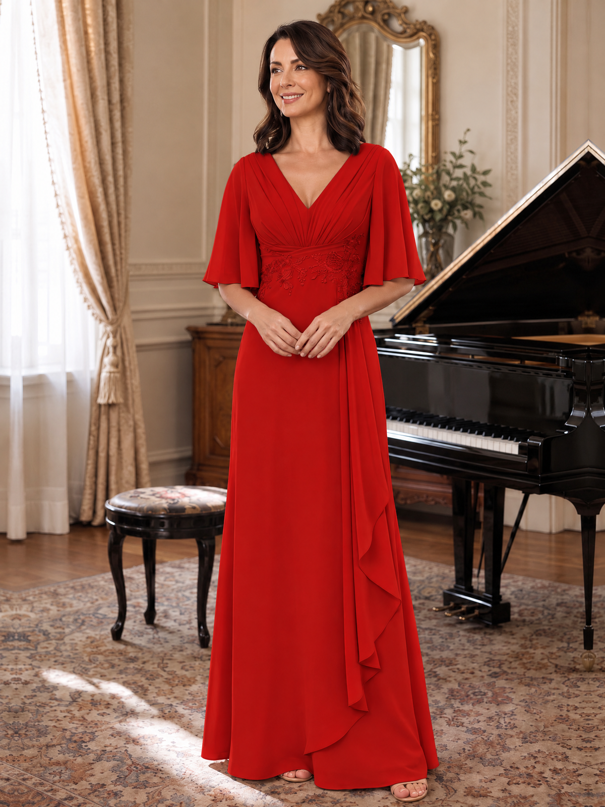 V-Neck Chiffon Lace Mother of the Bride Dresses