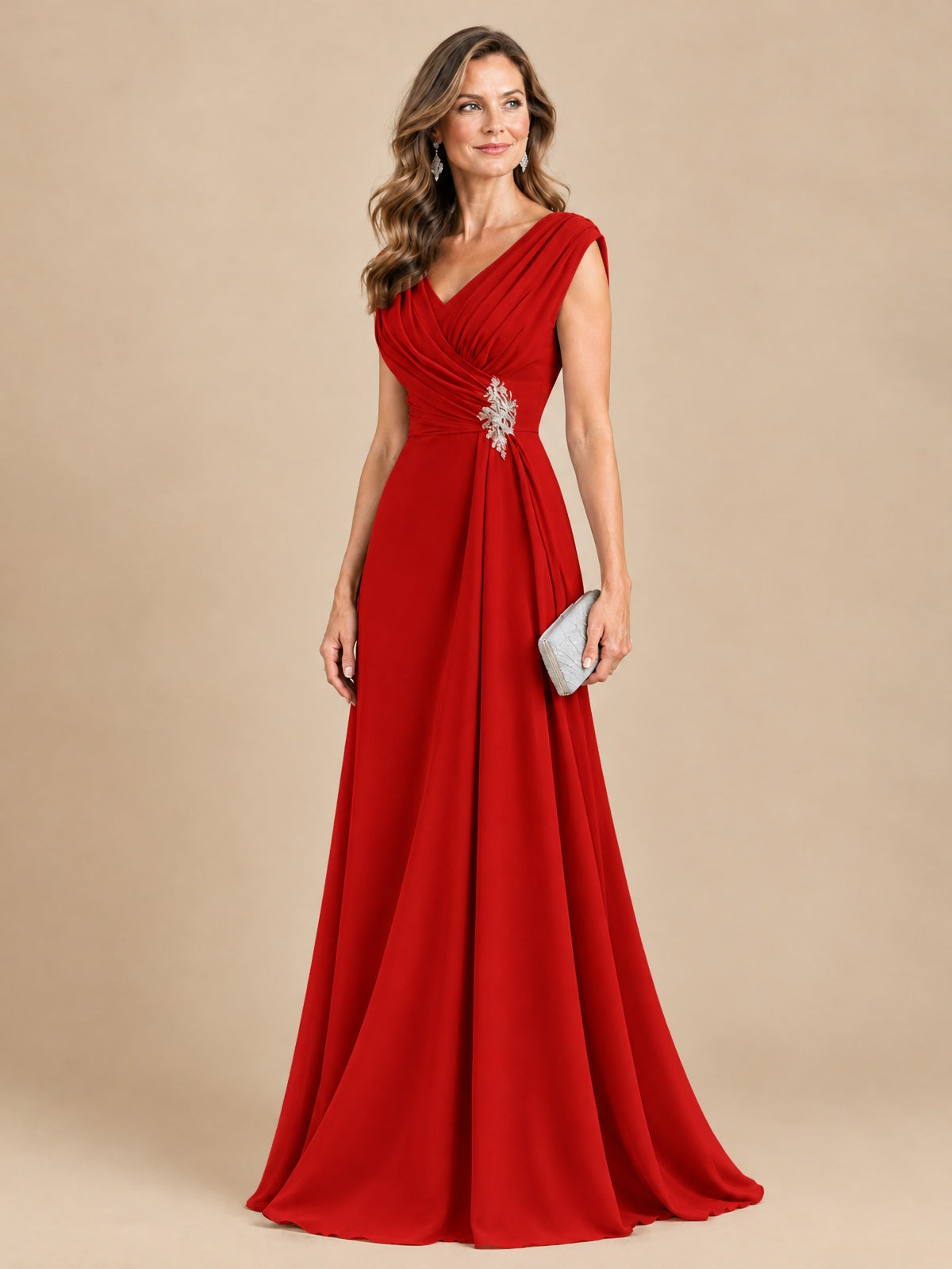 V Neck Pleated Mother of The Bride Dresses with Beading Cap Sleeves