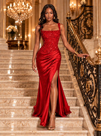 Scoop Neck Sequin Prom Dress with High Slit Satin Formal Gowns
