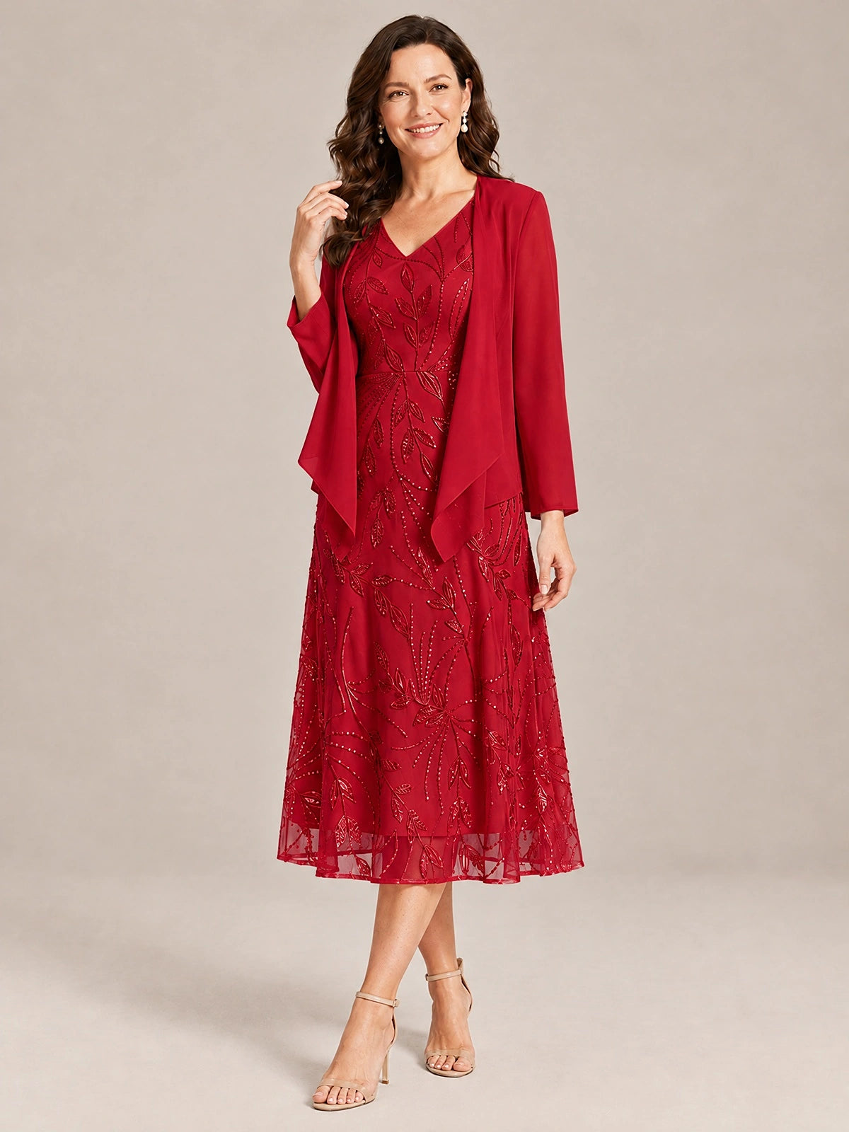 Tea Length Sequin Lace Mother of the Bride Dress with Chiffon Jacket