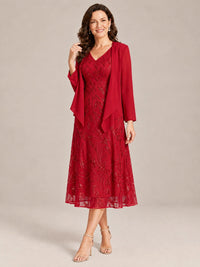 Tea Length Sequin Lace Mother of the Bride Dress with Chiffon Jacket