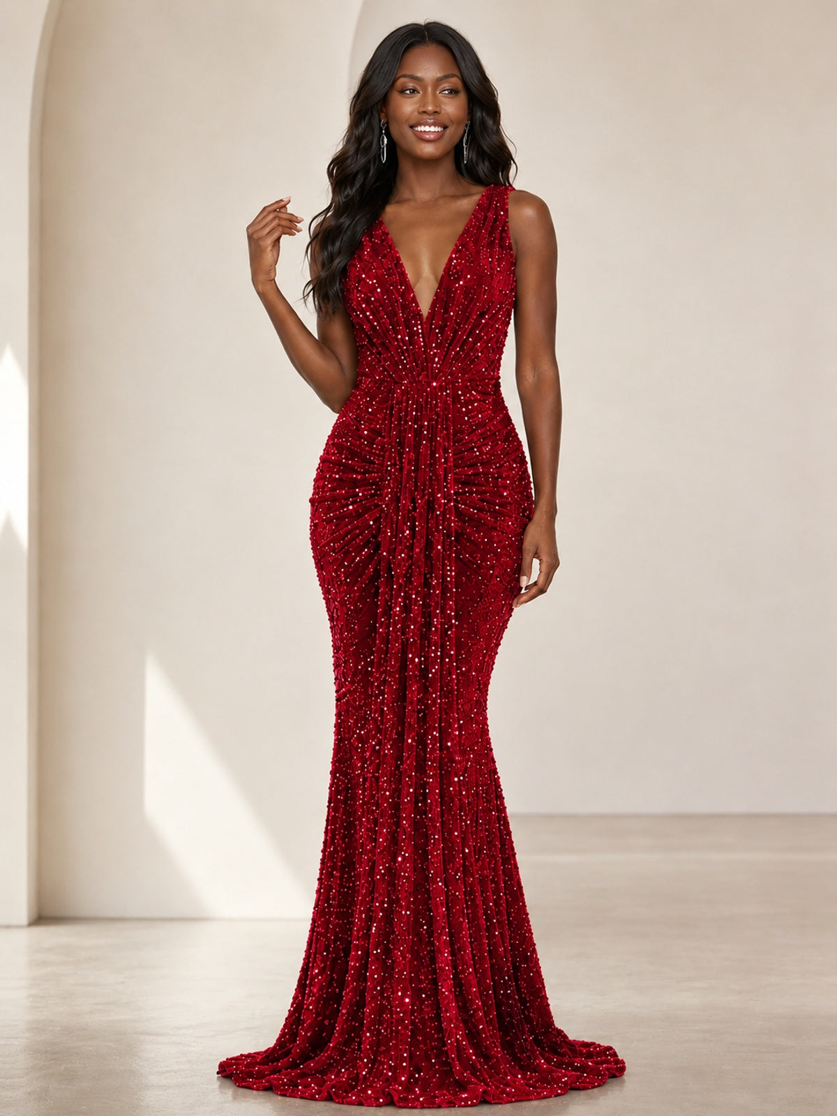 Sequin Mermaid Prom Dress with V-Neck and Ruched Waist