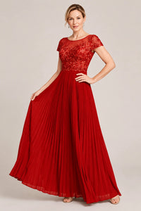 Embroidered Lace Pleated Mother of the Bride Dress