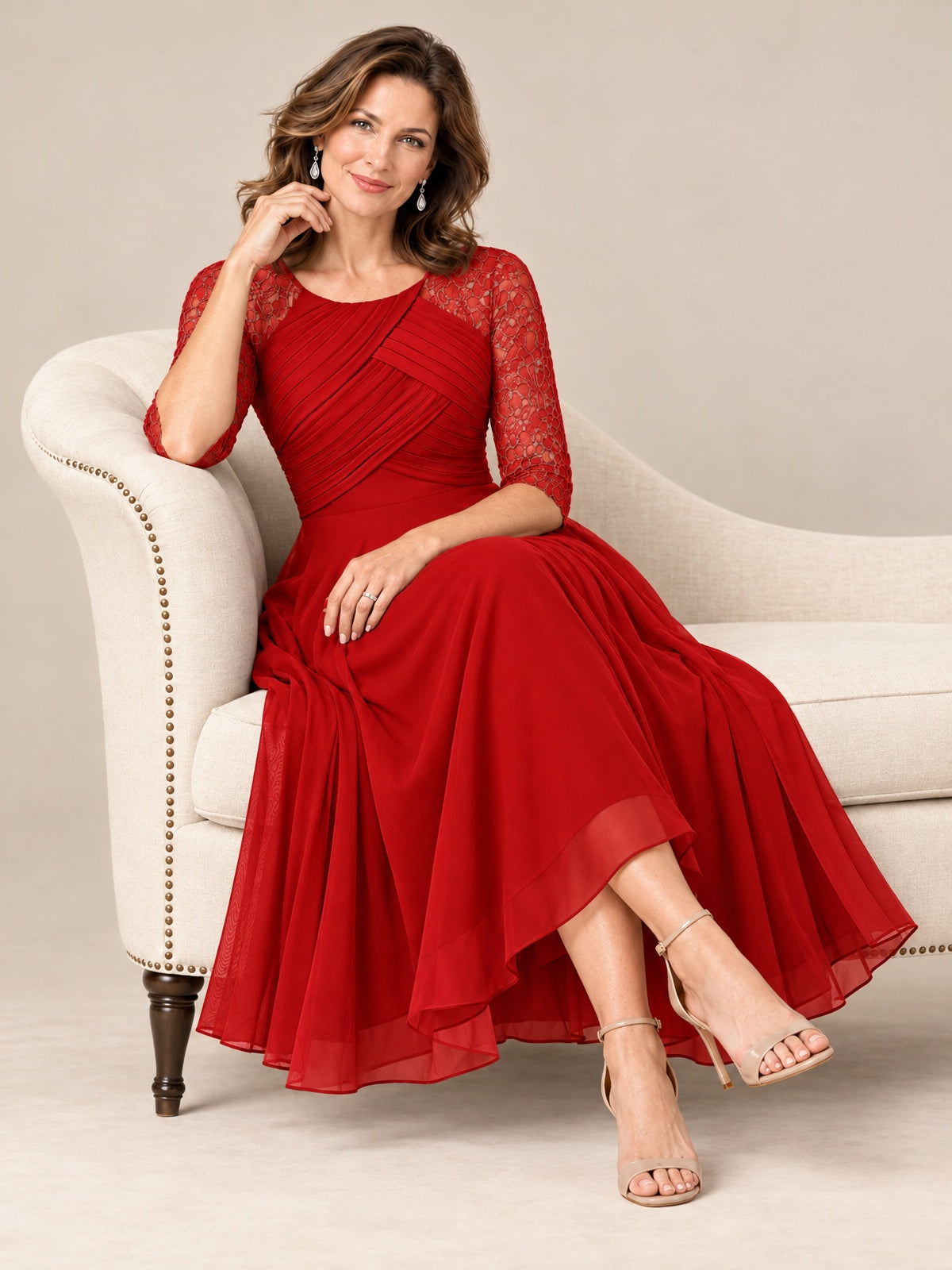 Tea-Length Mother of the Bride Dress with Lace 3/4 Sleeves