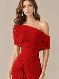 Elegant Draped Off Shoulder Ruched Mermaid Chiffon Formal Evening Gown