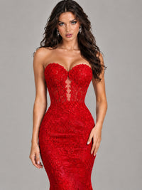 Strapless Corset Mermaid Prom Dress Lace Appliqué Formal Gown